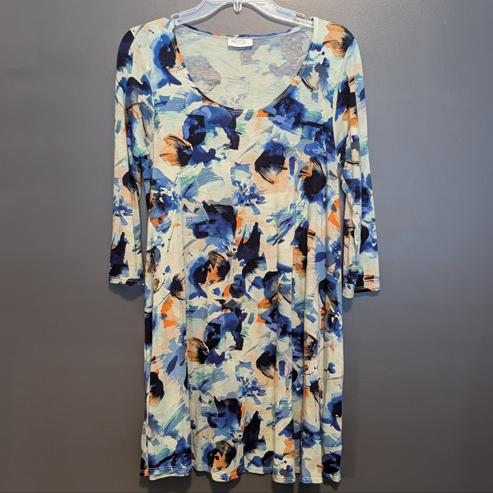 Plume and Thread Blue and Yellow Casual Sundress with 3/4 Sleeves Sz Large